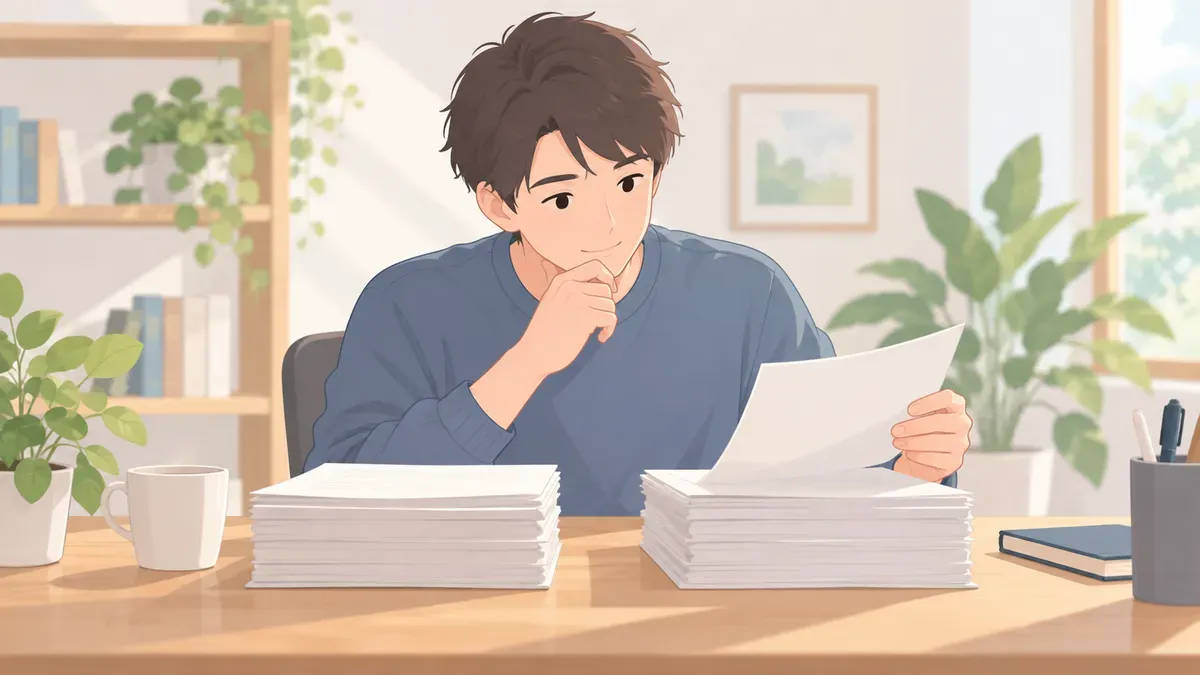 古い資料と新しい資料を見比べながら、どちらを使うか慎重に選んでいる人のイメージ